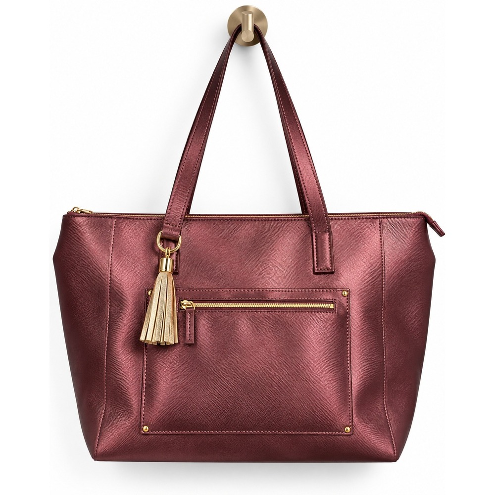 Bath & Body Works Large Tote Burgundy Metallic Faux Leather Bag Purse Charm NWT